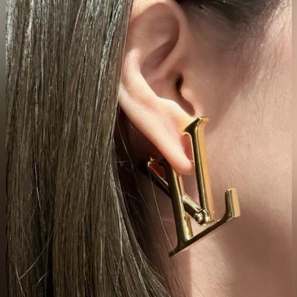 Gold Plated Brass LV Hoops W/Oversized Designer Logo